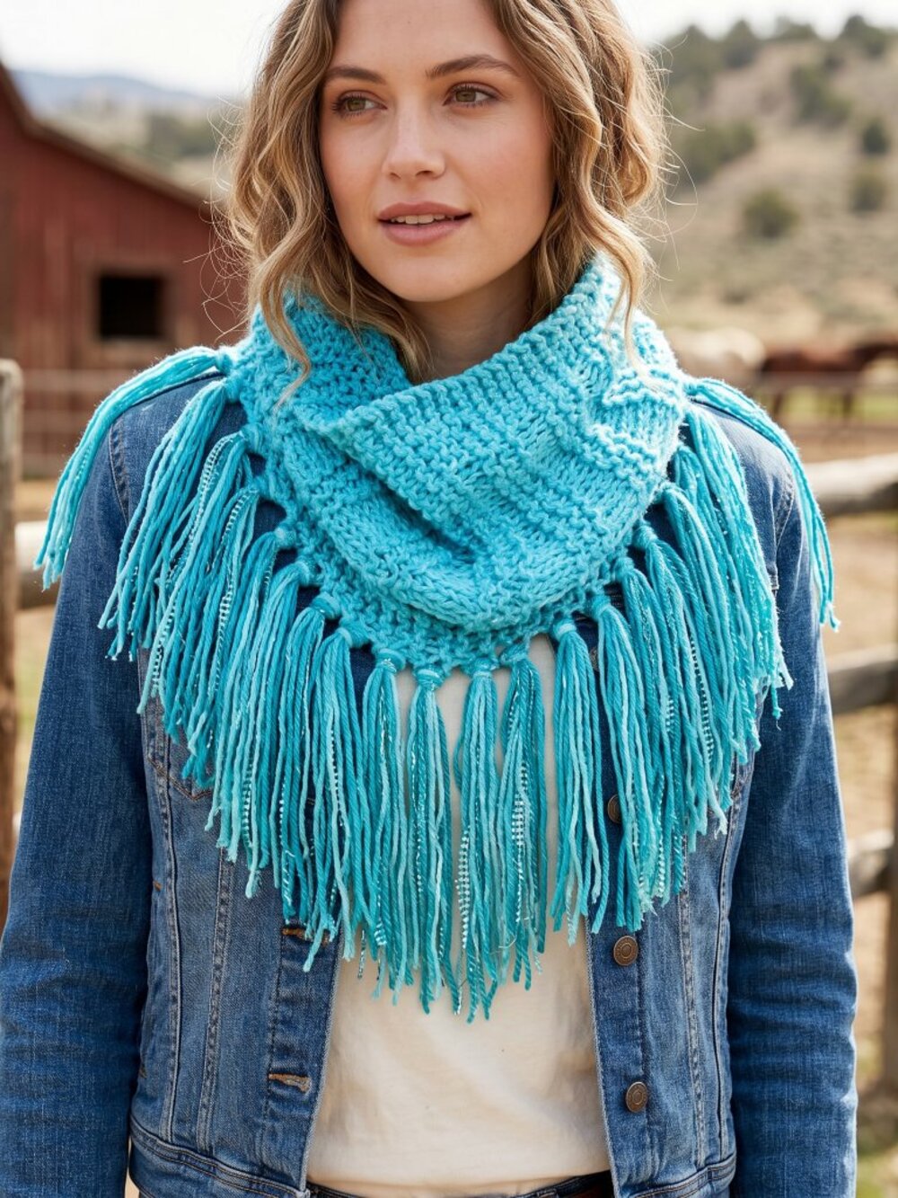NEW Hand Knit Turquoise Ombre Boho Cowl Scarf Fringe Indie Artsy Western Fairy